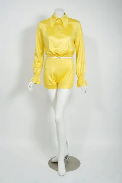 1975 Ossie Clark Yellow Jersey Beagle-Collar Cropped Blouse & Matching Hot Pants