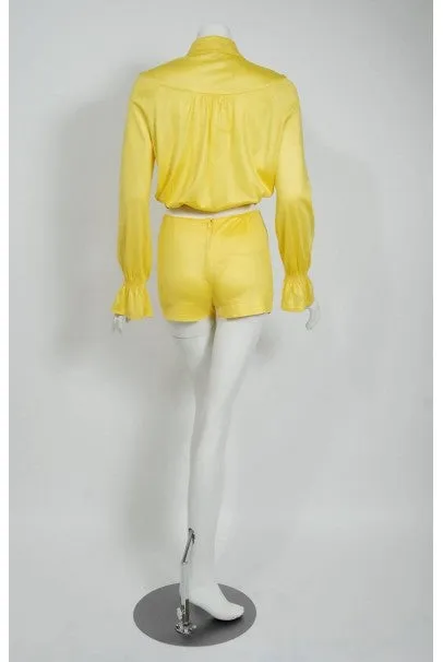 1975 Ossie Clark Yellow Jersey Beagle-Collar Cropped Blouse & Matching Hot Pants