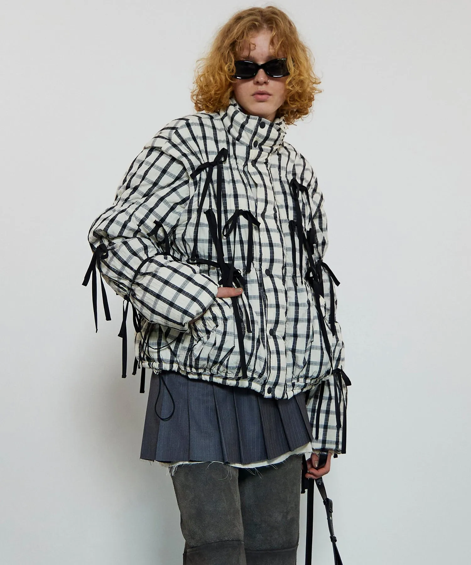 2way Checkered Ribbon Puffer Jacket