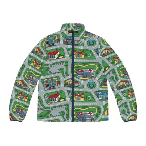 90s Nostalgic Puffer Jacket with Retro Toy Car Road Rug