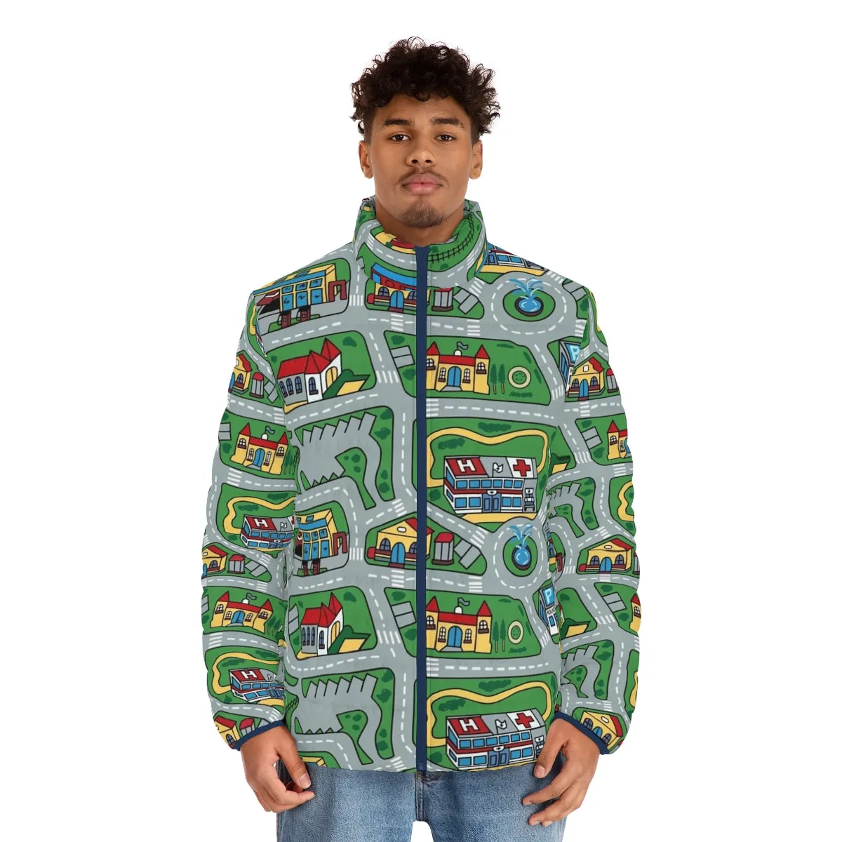 90s Nostalgic Puffer Jacket with Retro Toy Car Road Rug