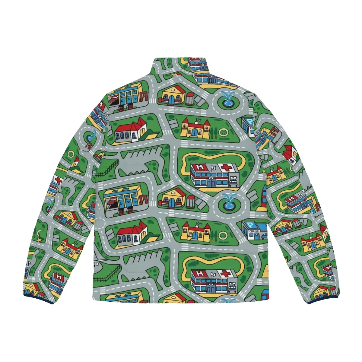 90s Nostalgic Puffer Jacket with Retro Toy Car Road Rug