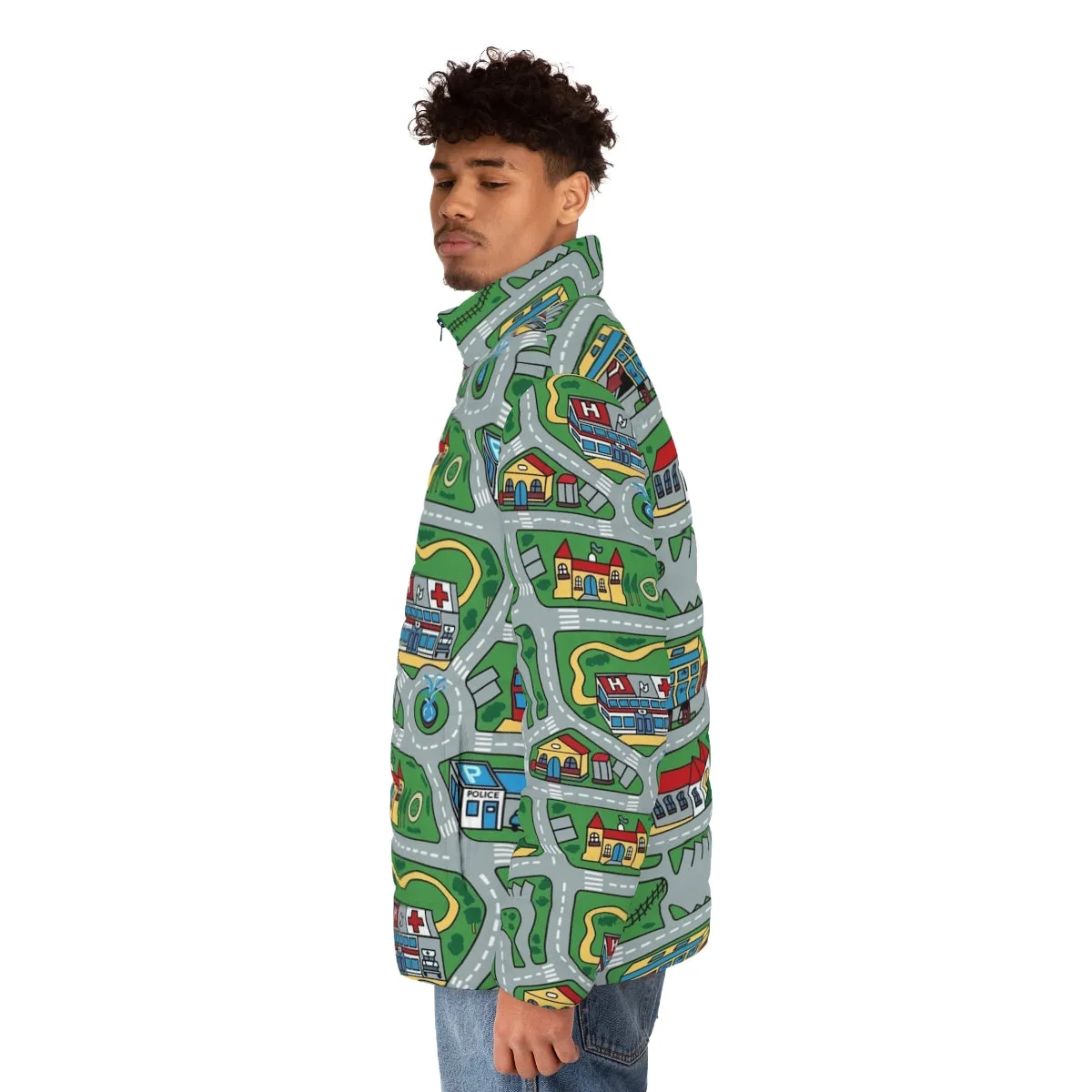 90s Nostalgic Puffer Jacket with Retro Toy Car Road Rug