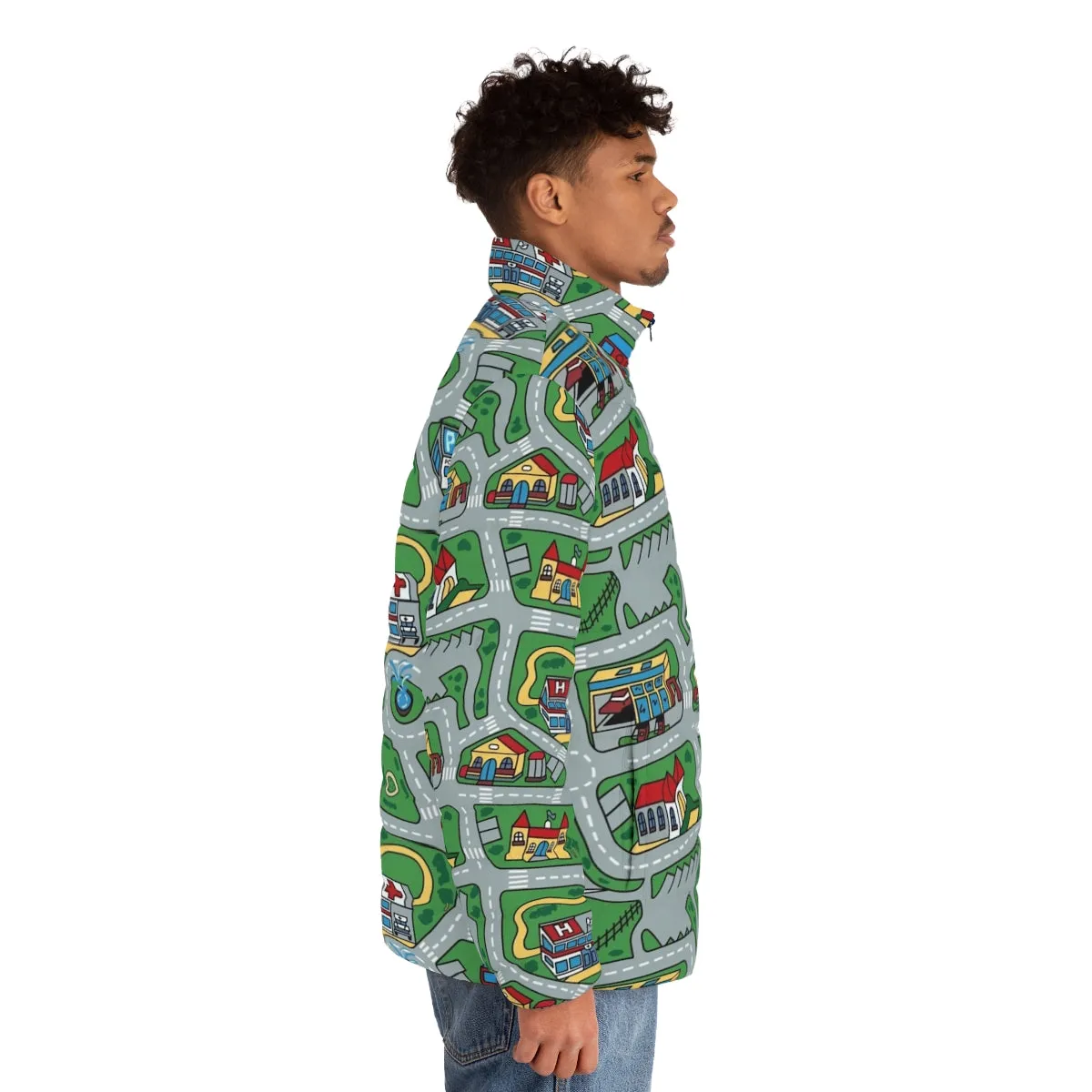 90s Nostalgic Puffer Jacket with Retro Toy Car Road Rug