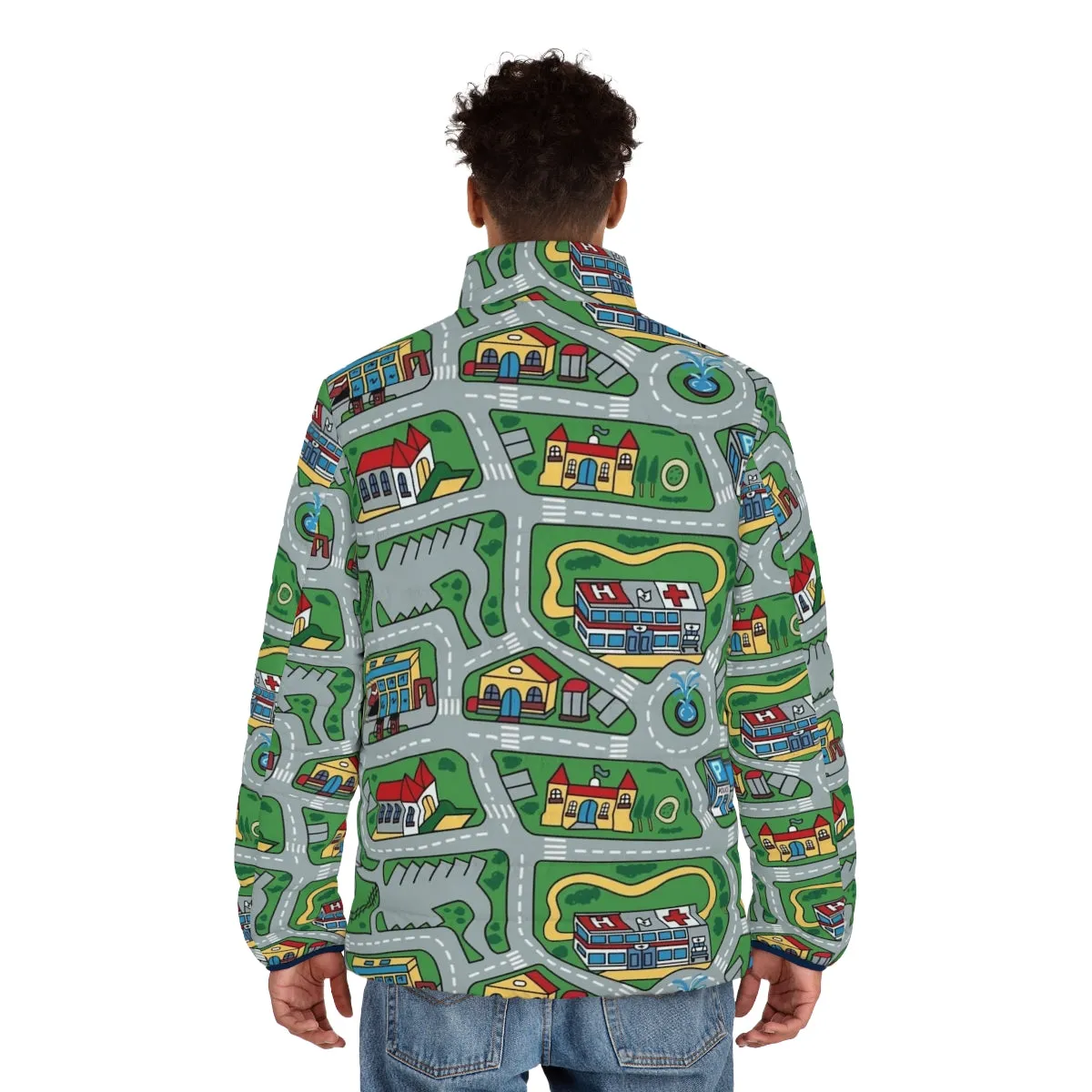 90s Nostalgic Puffer Jacket with Retro Toy Car Road Rug