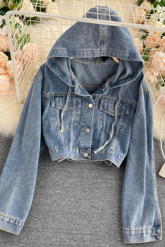 Age reducing hooded cardigan autumn new female casual versatile denim jacket female  1472