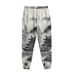 All-Over Print Men's Sweatpants With Waistband243 black and white Asian print