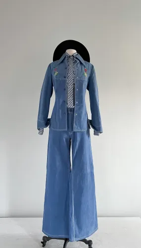 Amazing 1970's Floral Embroidered Denim Western Suit Set by Reine Baumwolle / L