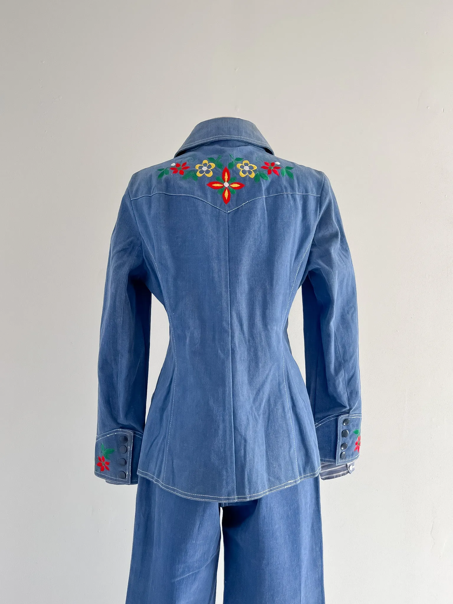 Amazing 1970's Floral Embroidered Denim Western Suit Set by Reine Baumwolle / L