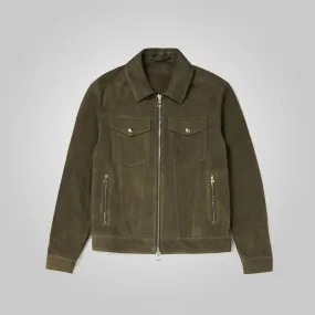 Army Green Suede Leather Trucker Jacket