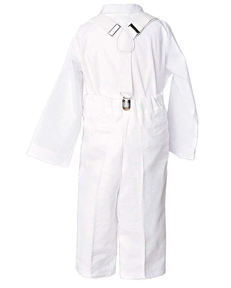 Baby Boys White Linen 4pc Romper Pants Tie Suspenders Christening Outfit NB-24M