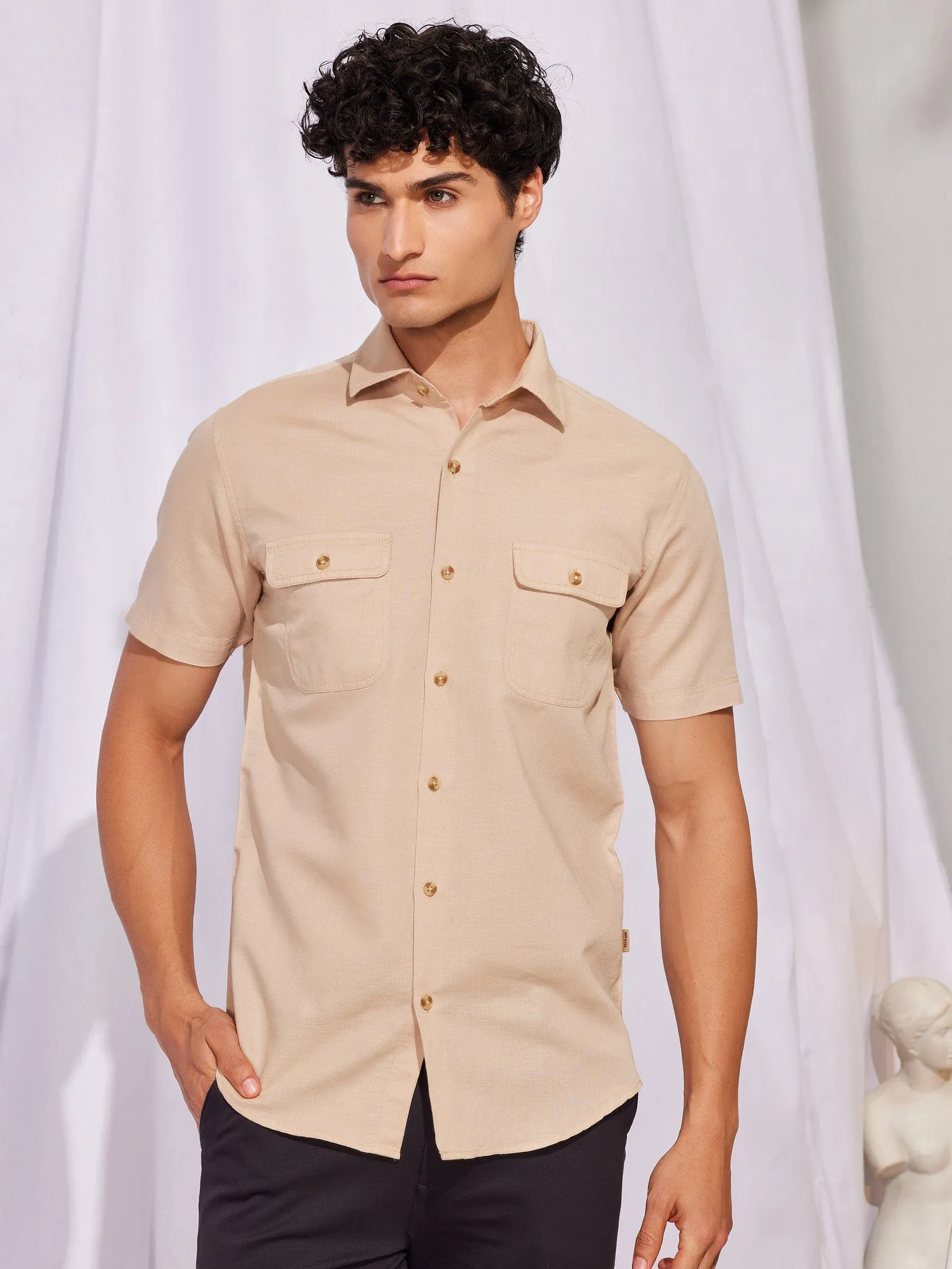 Beige Linen Cargo Shirt