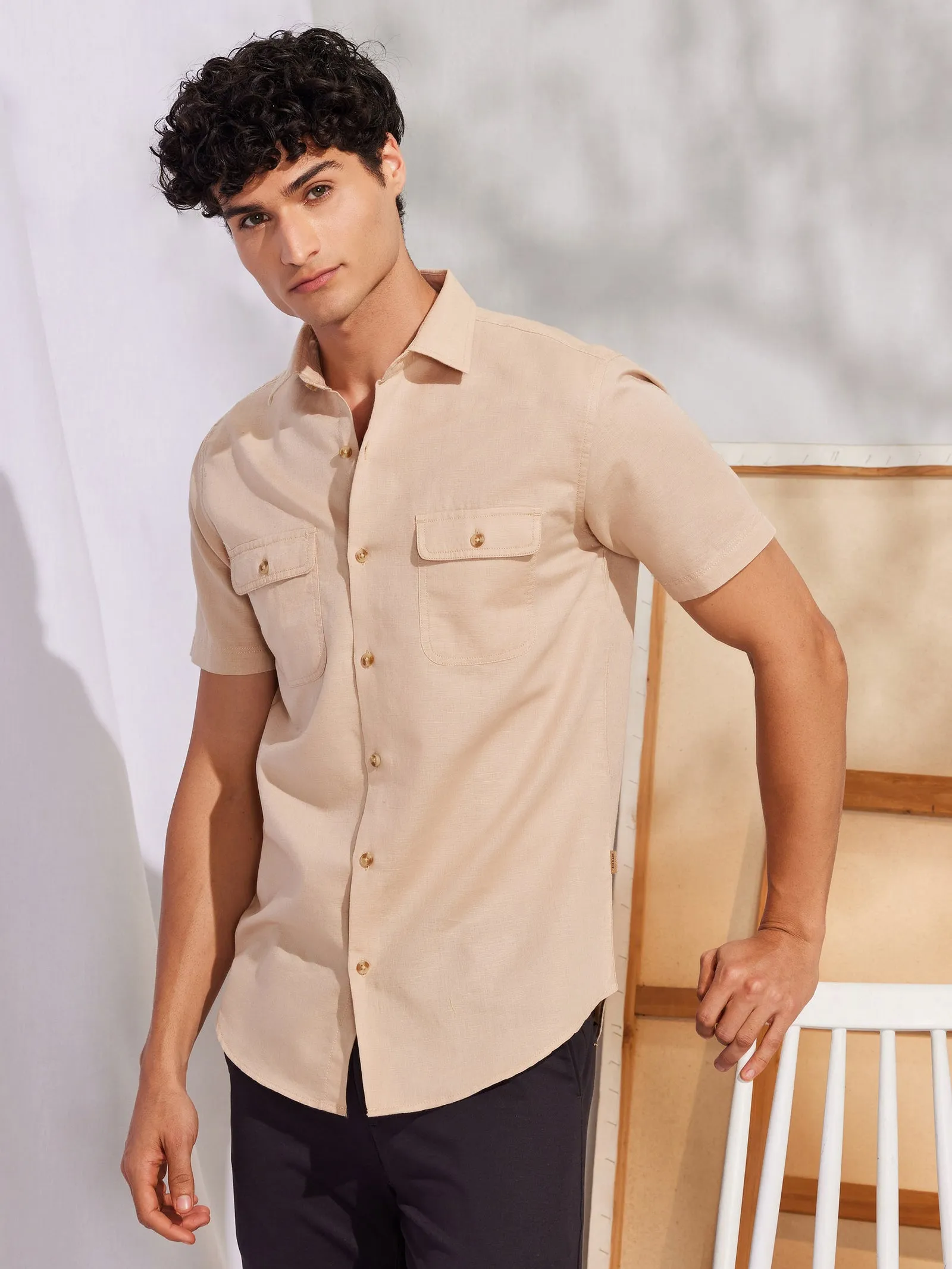 Beige Linen Cargo Shirt