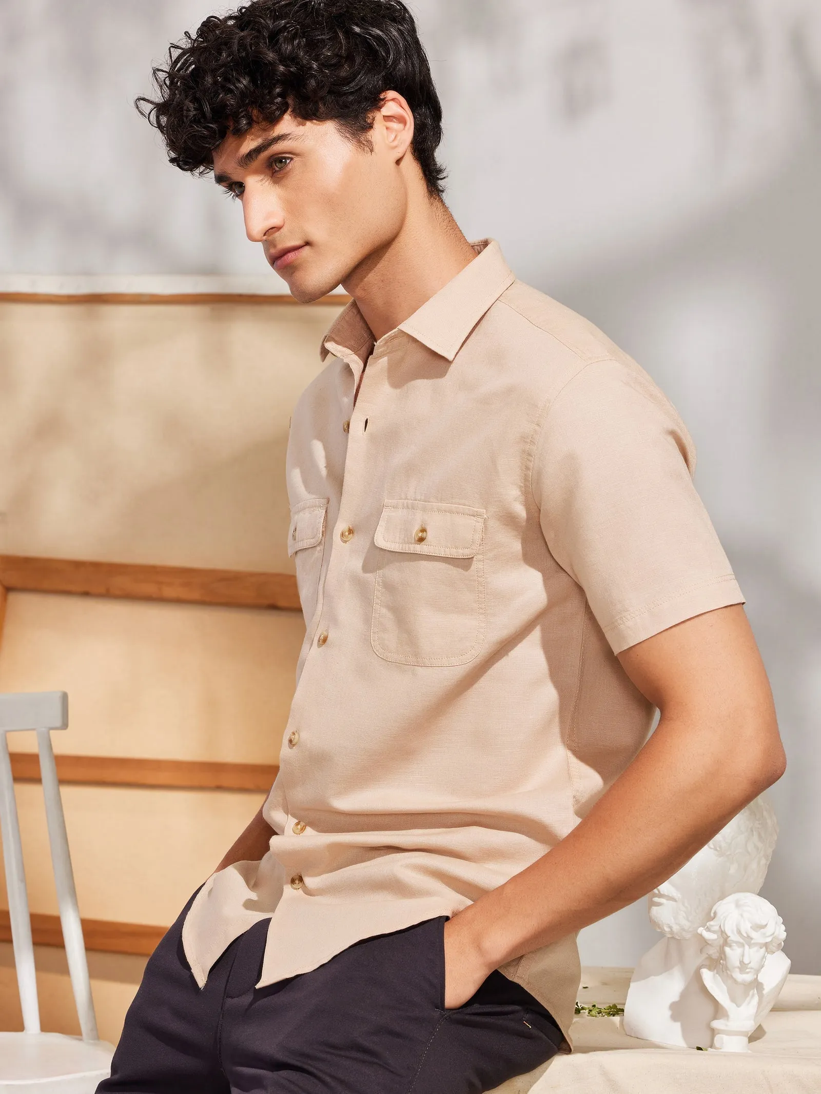 Beige Linen Cargo Shirt