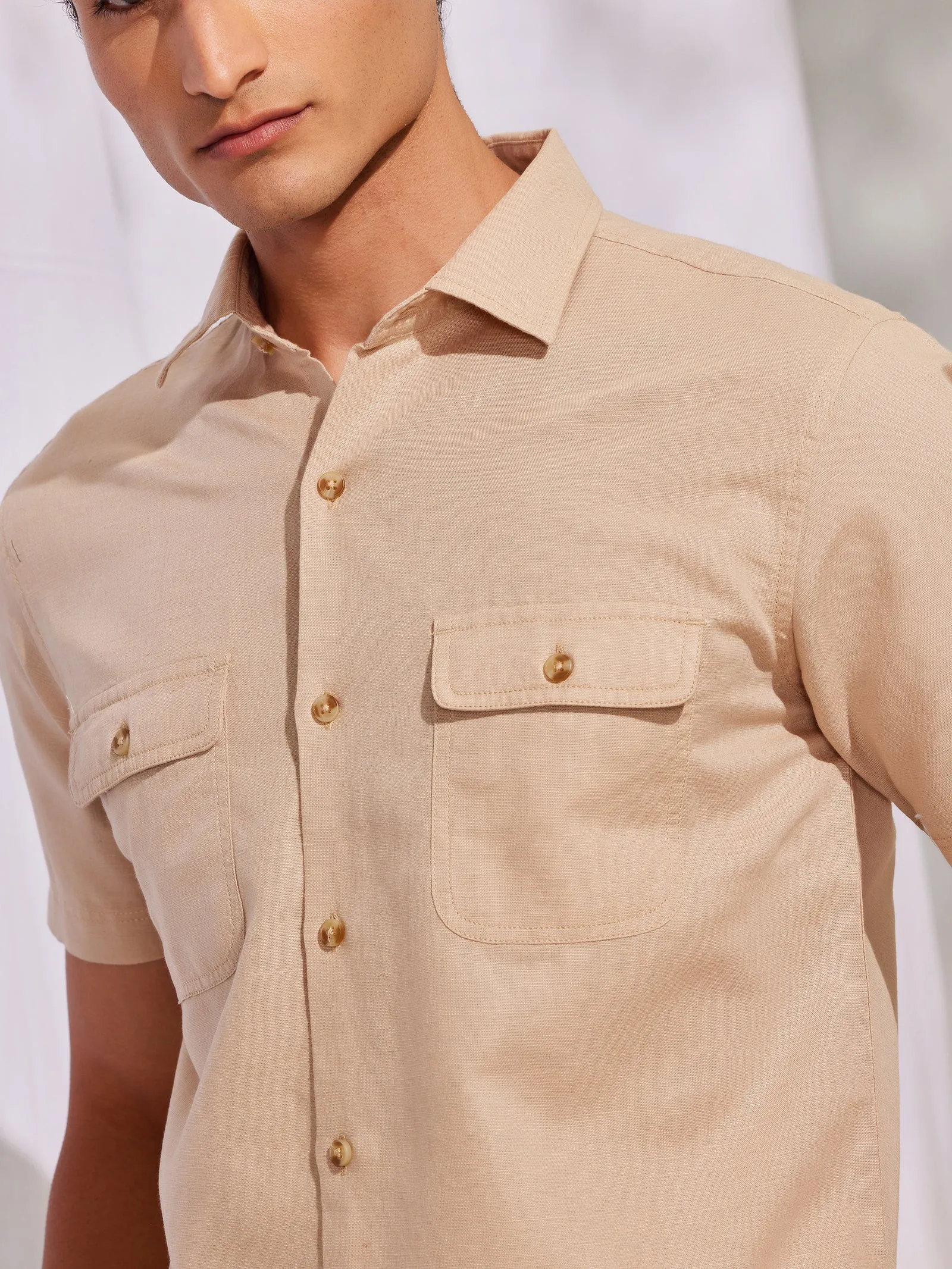 Beige Linen Cargo Shirt