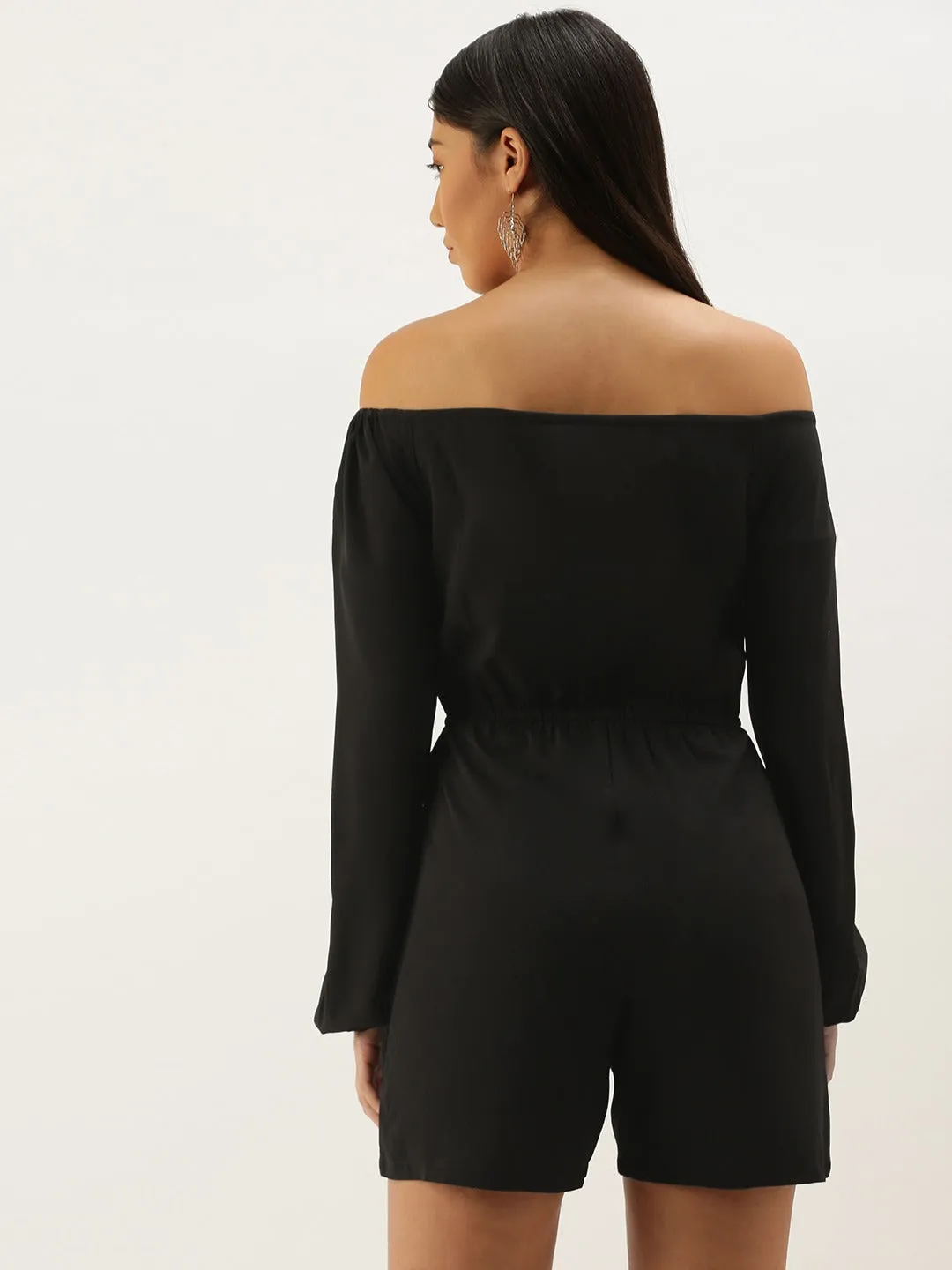 Berrylush Women Solid Black Off-Shoulder Neck Puff Sleeves Tie-Up Front Regular Mini Jumpsuit