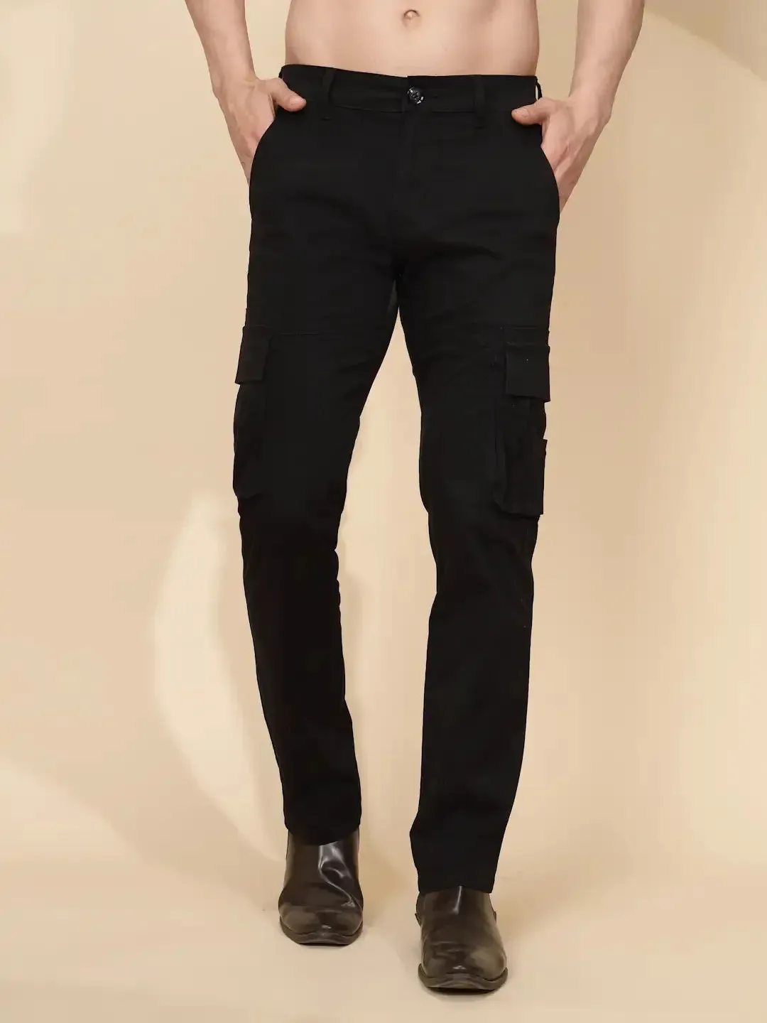 Black Cotton Blend Regular Fit Cargo For Men