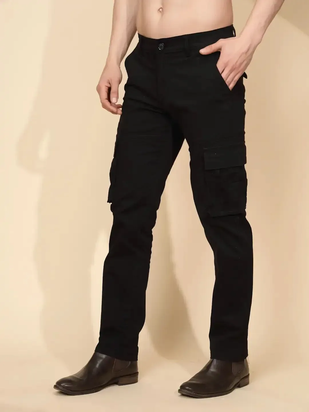 Black Cotton Blend Regular Fit Cargo For Men