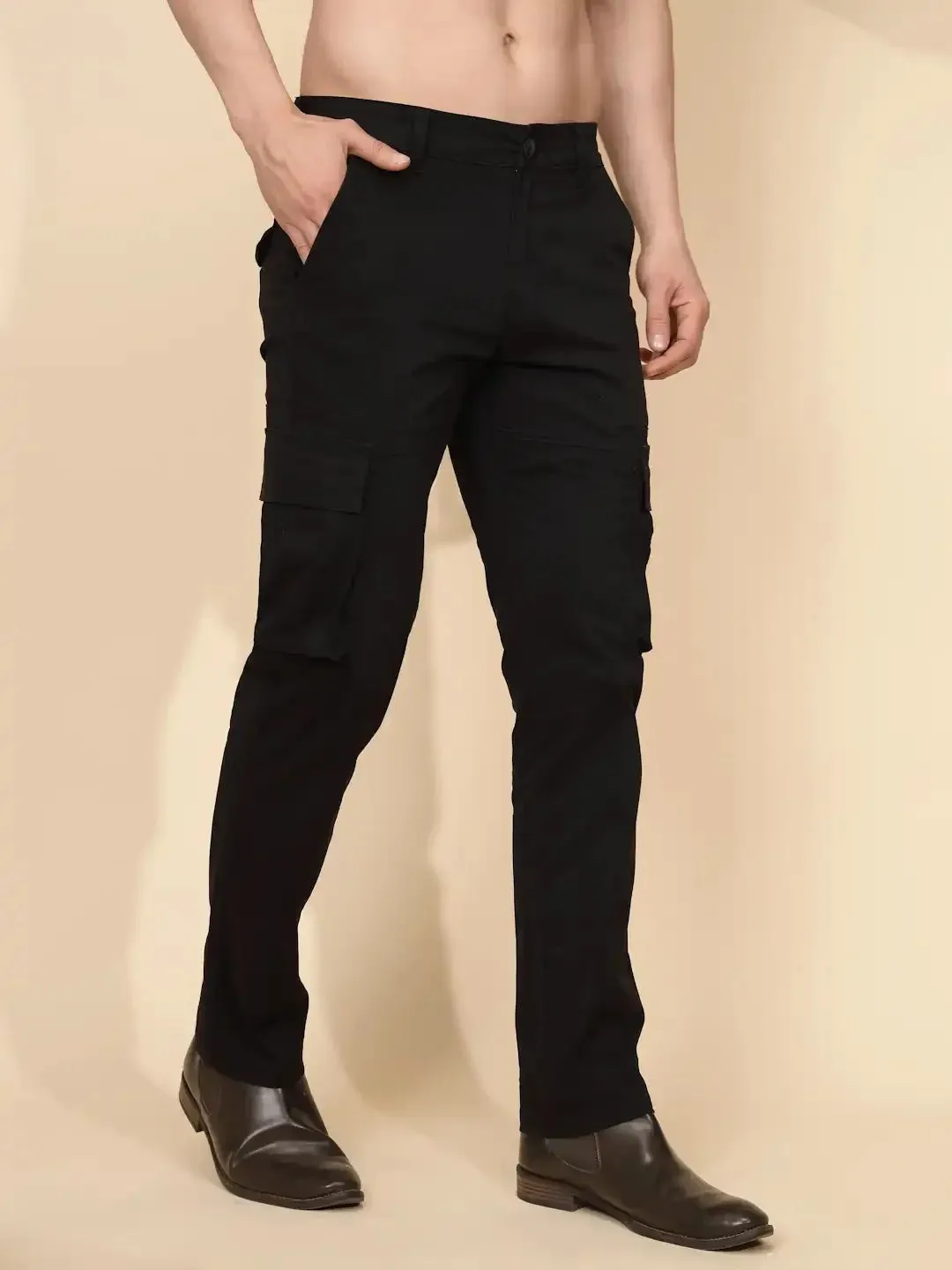 Black Cotton Blend Regular Fit Cargo For Men