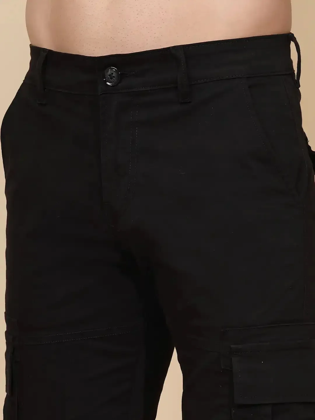 Black Cotton Blend Regular Fit Cargo For Men