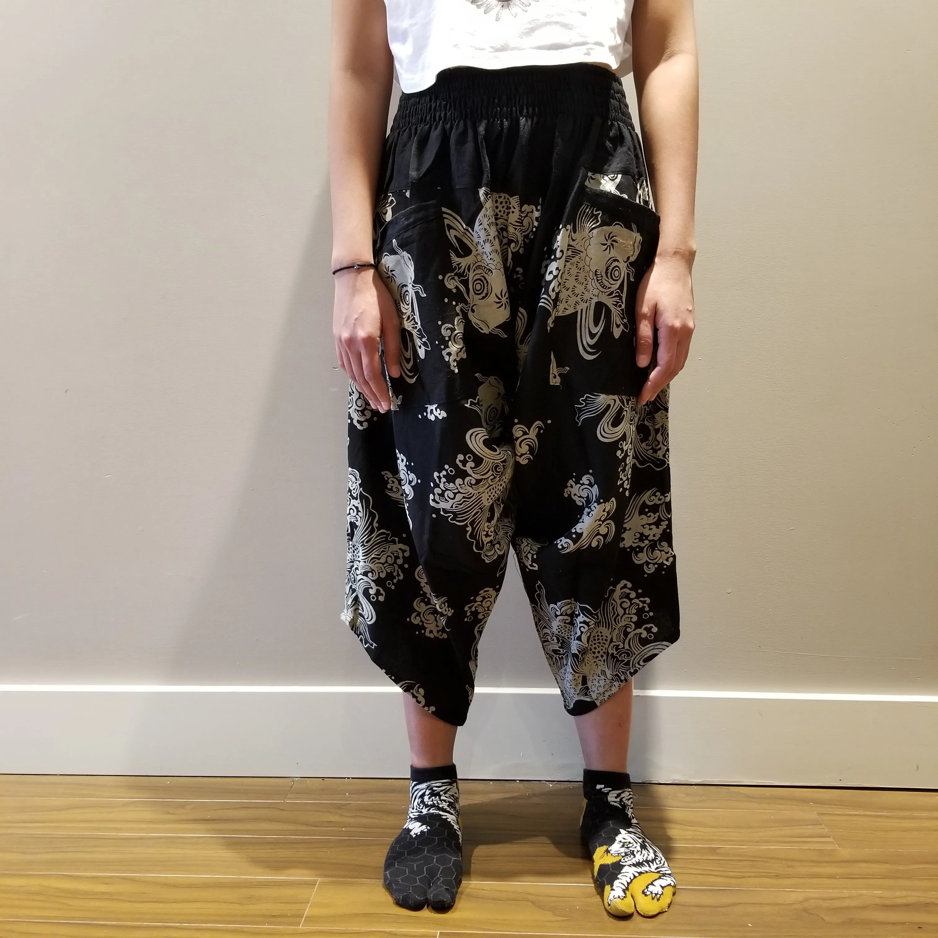 Black Koi Art Elastic Waist Samurai Pants