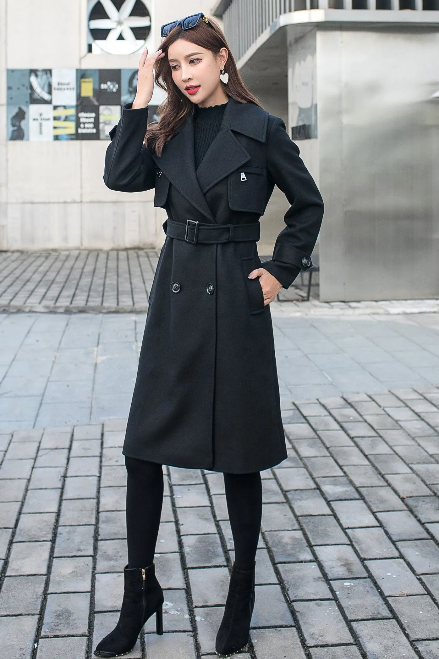 Black Military Wool Coat, Long Wool Trench Coat C2584 M#CK2101372