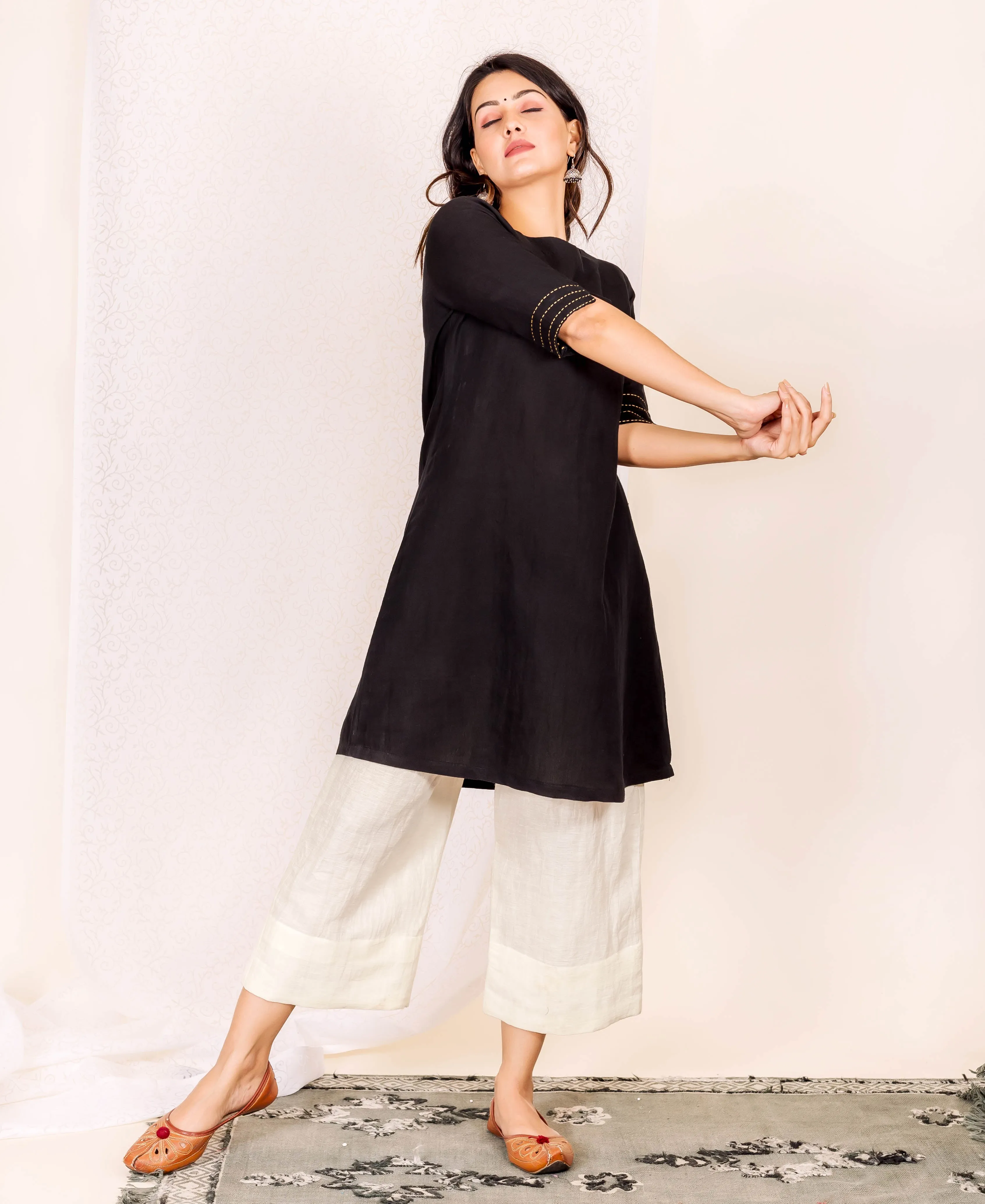 Black / Off White Linen Kurta