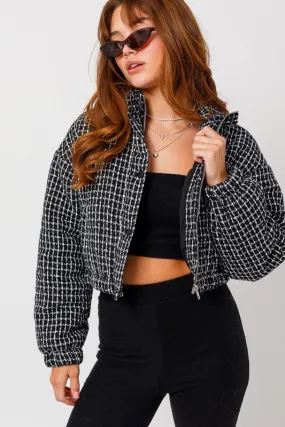 Black/White Tweed Crop Puffer Jacket