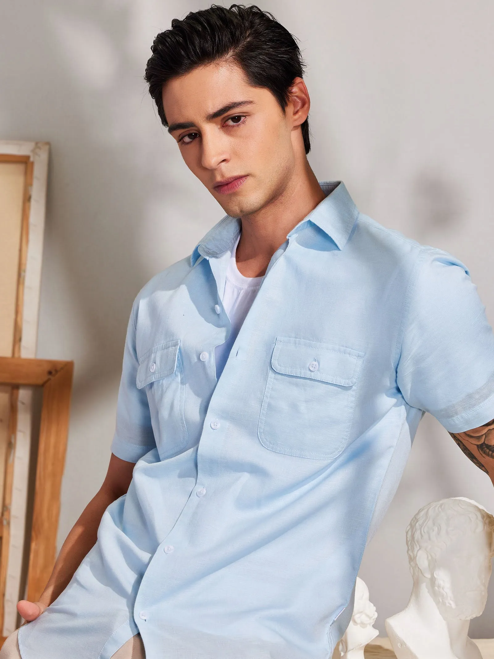 Blue Linen Cargo Shirt