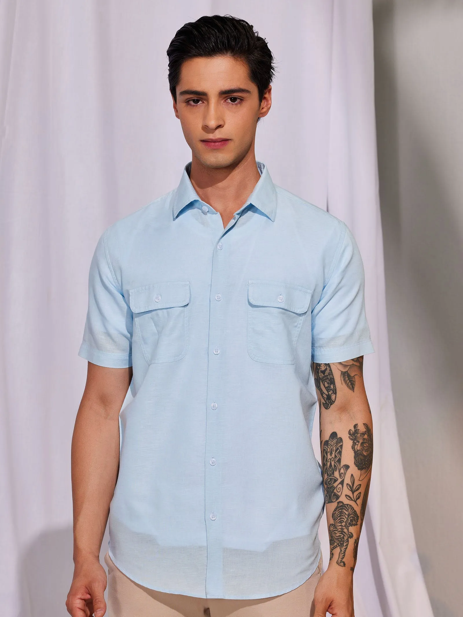 Blue Linen Cargo Shirt