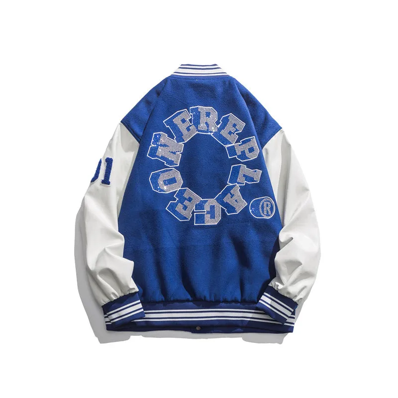 Blue Varsity Jacket Autumn Baseball Uniform Men's Casual Rhinestone Color Matching Long Sleeve Embroidered Jacket