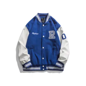 Blue Varsity Jacket Autumn Baseball Uniform Men's Casual Rhinestone Color Matching Long Sleeve Embroidered Jacket