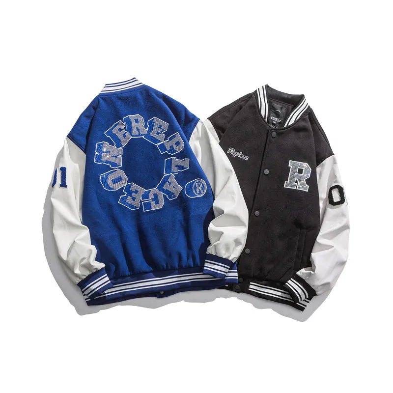 Blue Varsity Jacket Autumn Baseball Uniform Men's Casual Rhinestone Color Matching Long Sleeve Embroidered Jacket