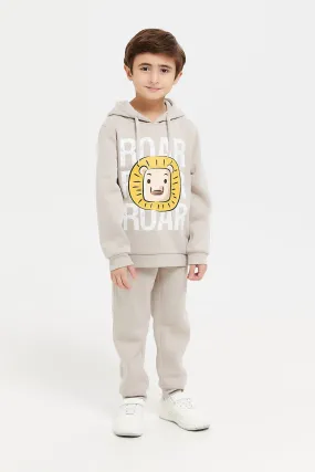 Boys Biege Print Hooded Sweatshirt With Jog Pants (2 Piece)