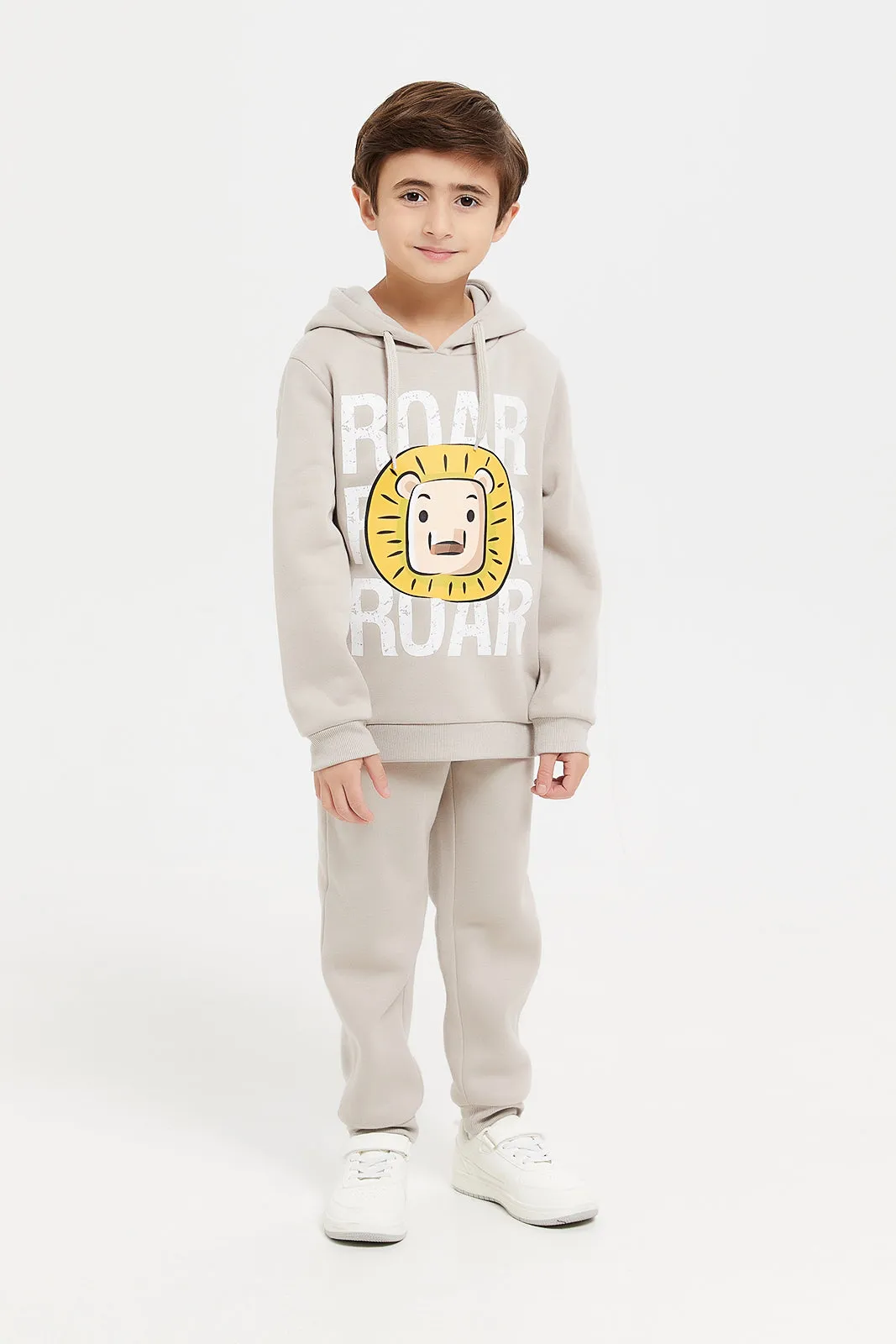 Boys Biege Print Hooded Sweatshirt With Jog Pants (2 Piece)