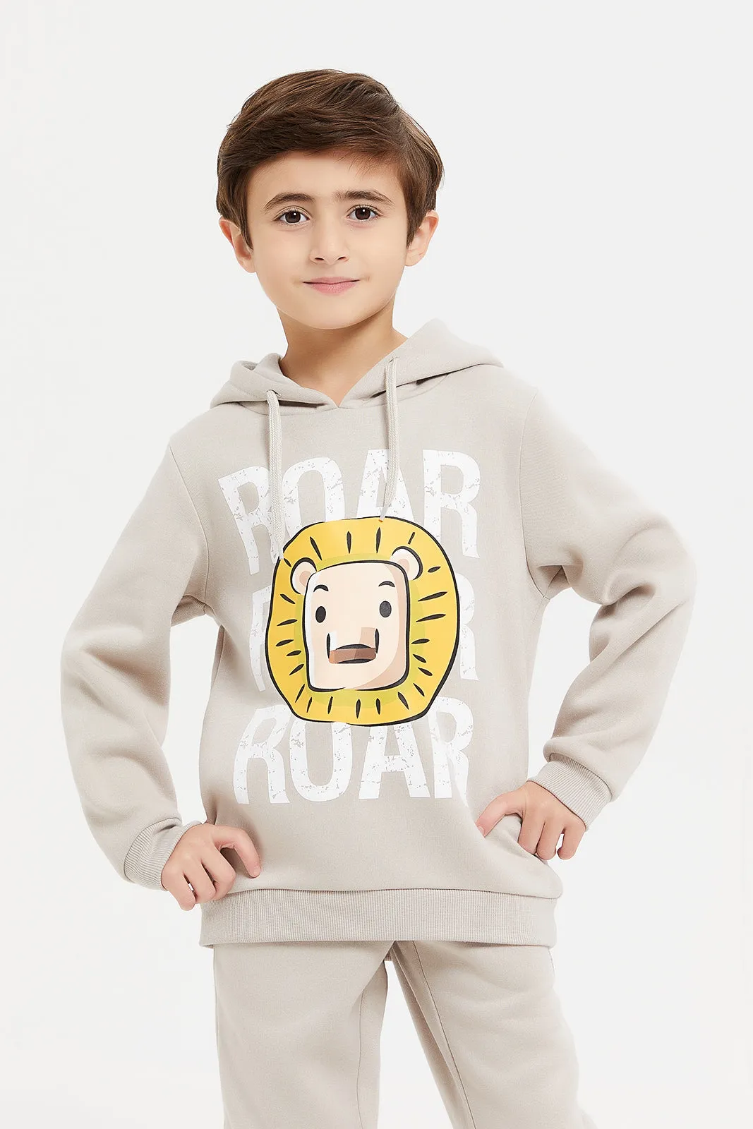 Boys Biege Print Hooded Sweatshirt With Jog Pants (2 Piece)