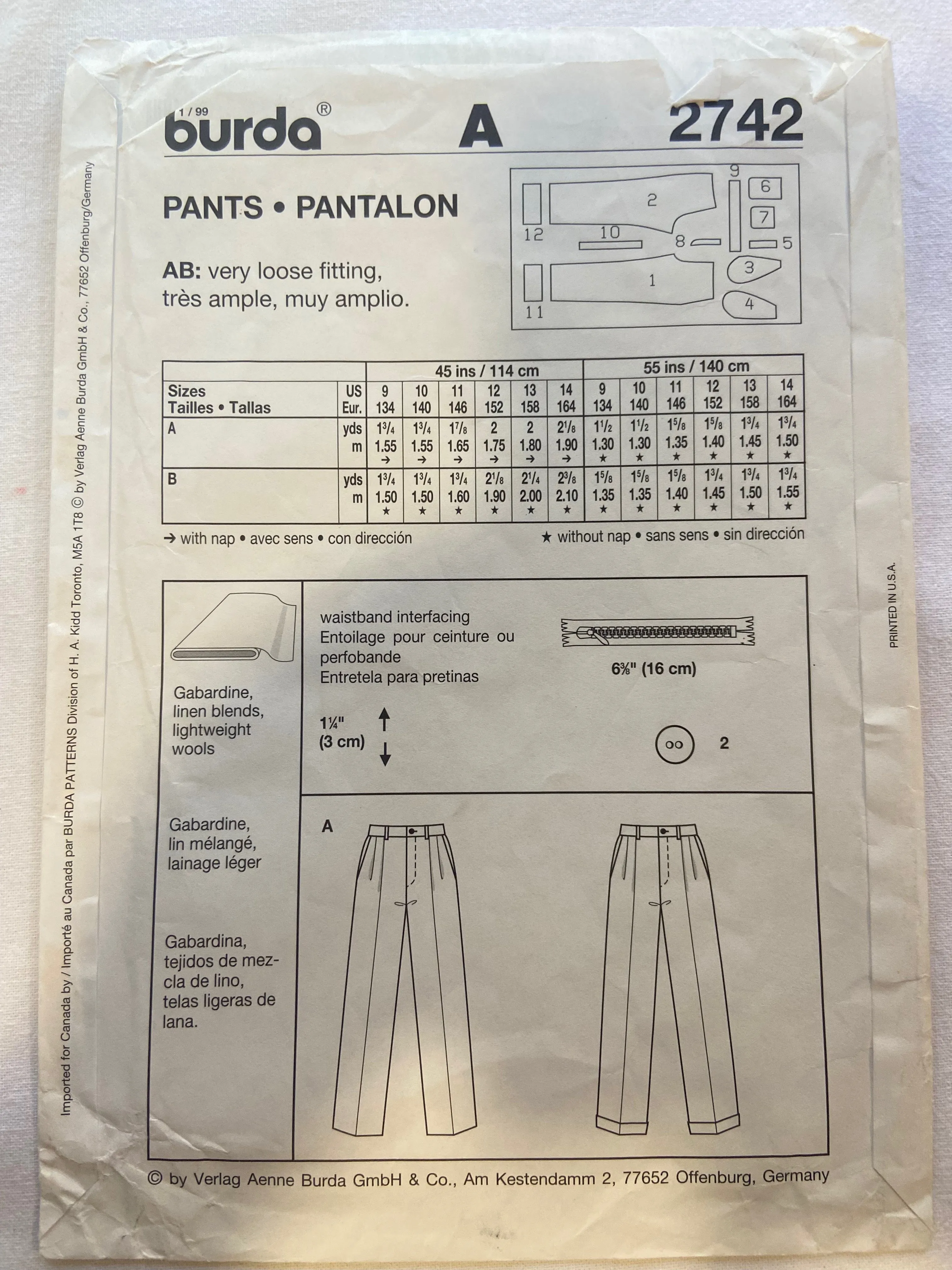 Burda 2742 Pattern CUT Boys' Pants Sizes 9-14