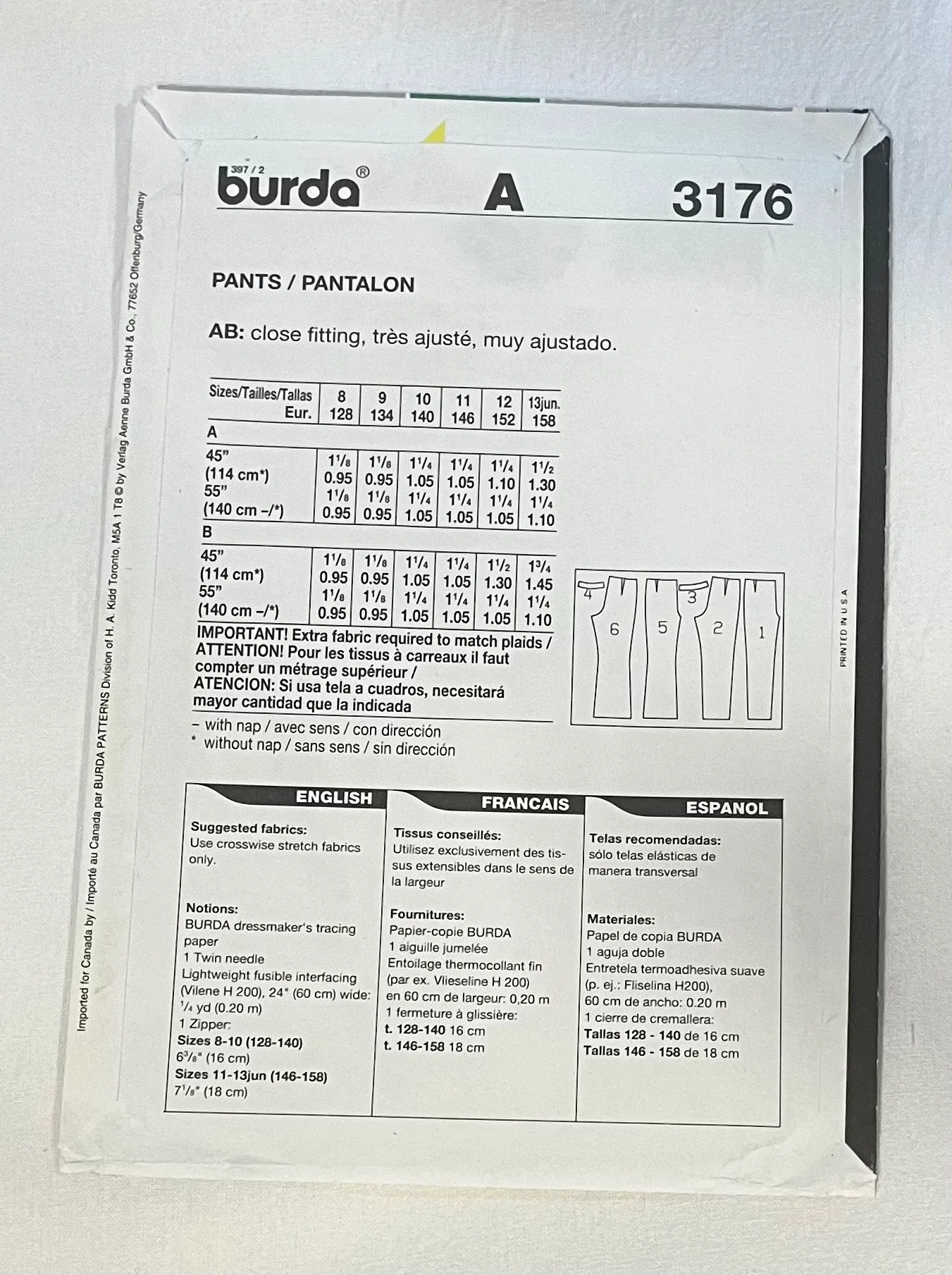 Burda 3176 Sewing Pattern UNCUT Juniors' Pants Sizes 8-13