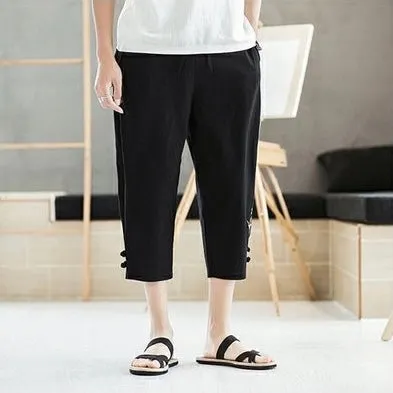 Calligraphy and Crane Motif Drawstring Linen Cropped Pants