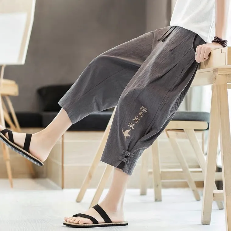 Calligraphy and Crane Motif Drawstring Linen Cropped Pants