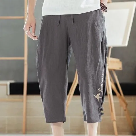 Calligraphy and Crane Motif Drawstring Linen Cropped Pants