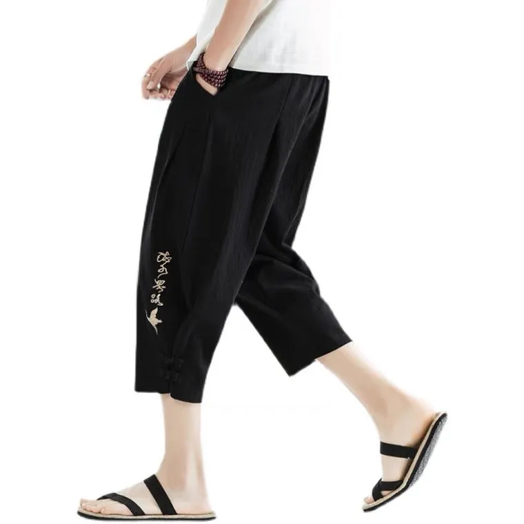 Calligraphy and Crane Motif Drawstring Linen Cropped Pants