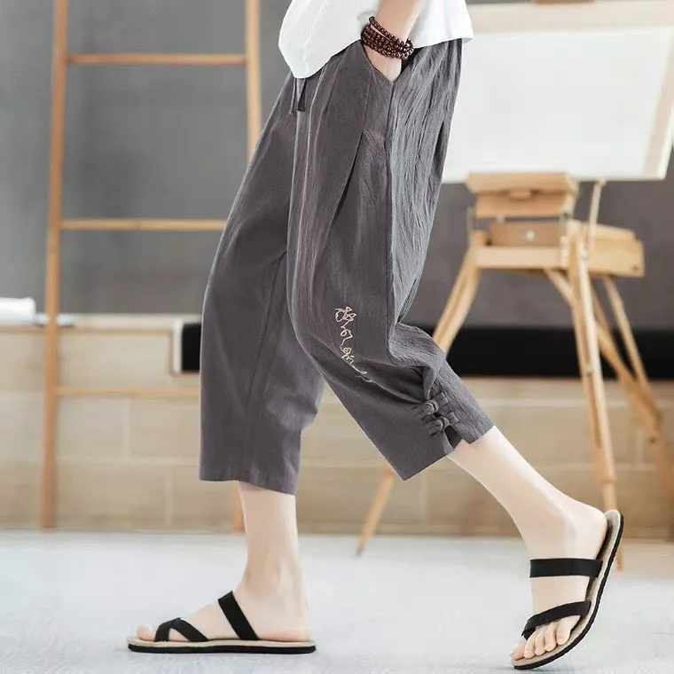 Calligraphy and Crane Motif Drawstring Linen Cropped Pants