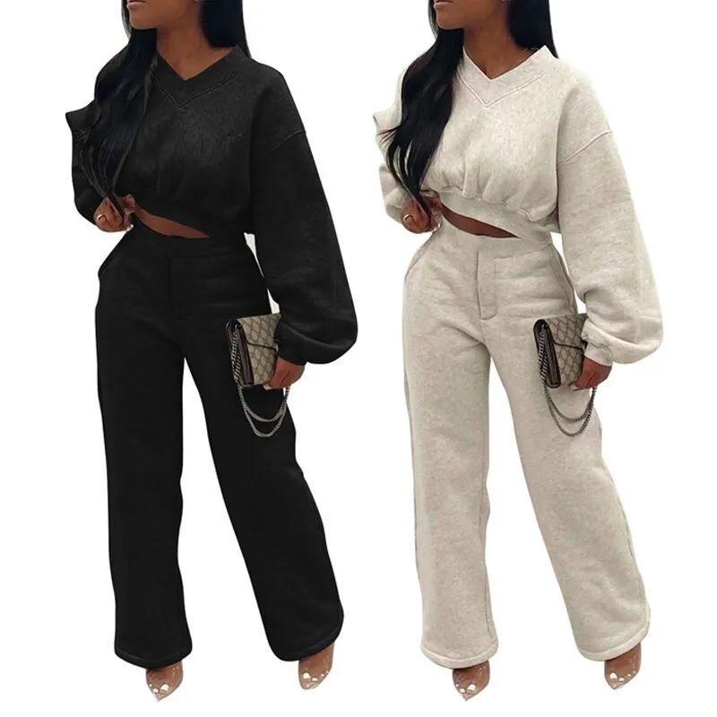 Casaul Women Tracksuit Two Piece Set Shirt   Long Pants Solid Color Pulf Sleeve Streetwear Clothes For Women Winter