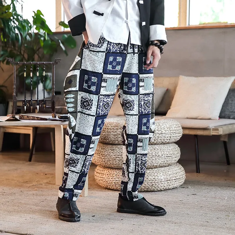 Casual Chinese Motif Print Streetwear Style Men Loose Pants