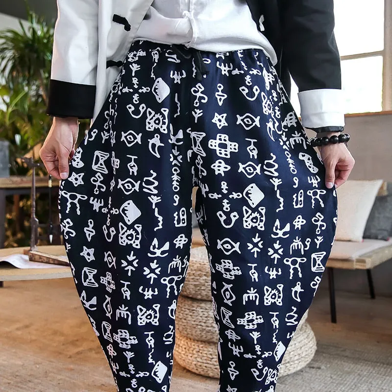 Casual Chinese Motif Print Streetwear Style Men Loose Pants