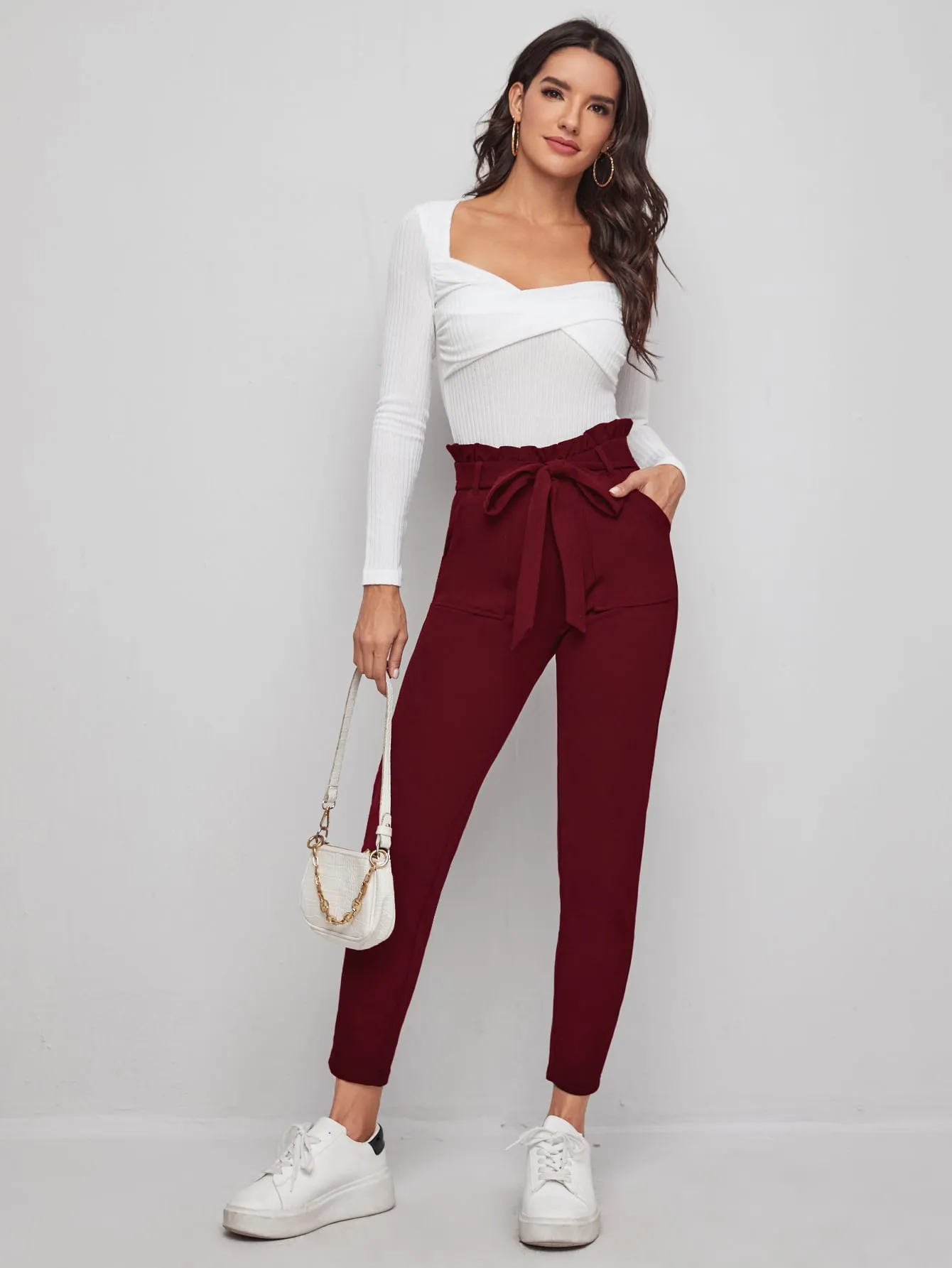 Casual Plain Paper Bag Waist High Waist Cropped Women Pants