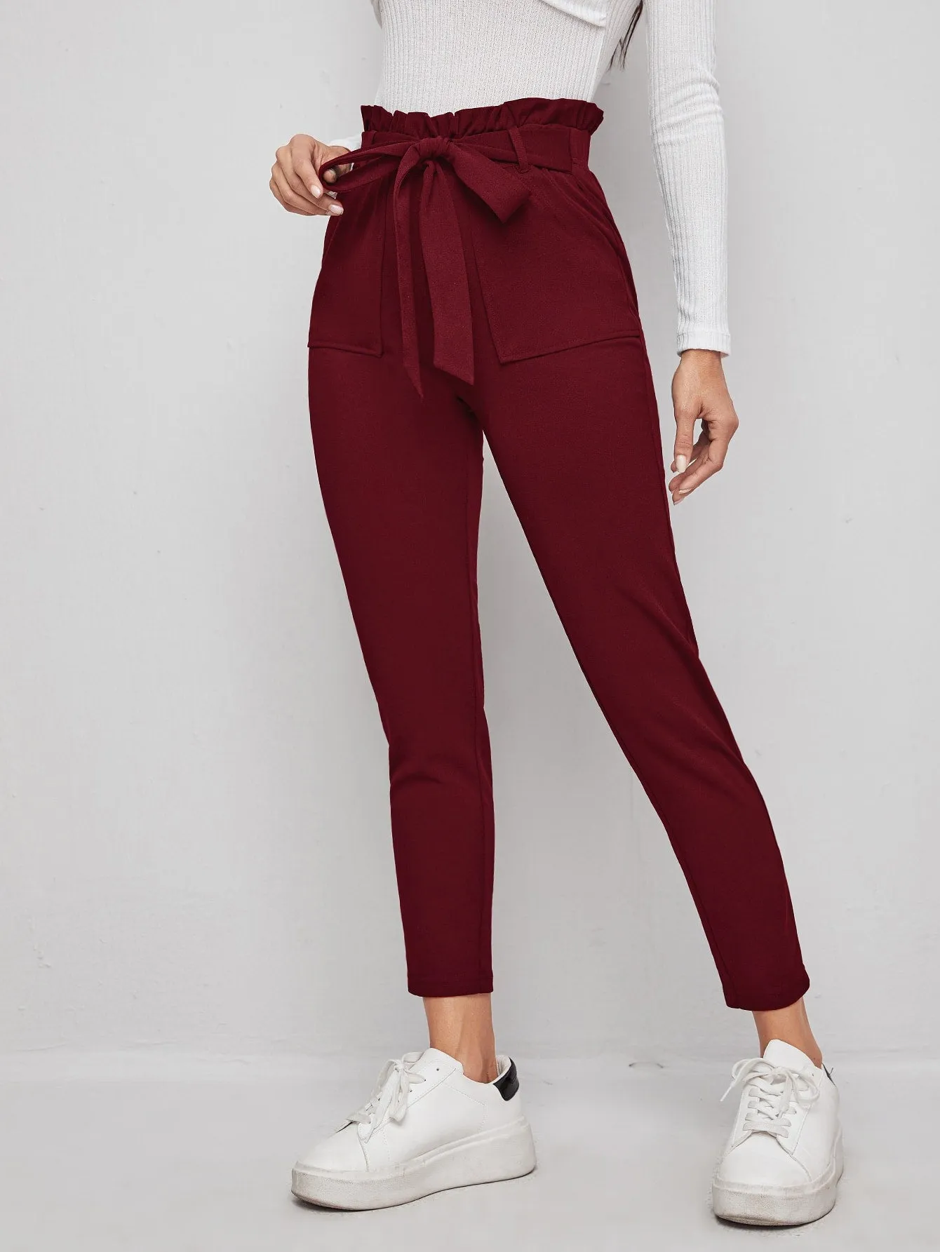 Casual Plain Paper Bag Waist High Waist Cropped Women Pants