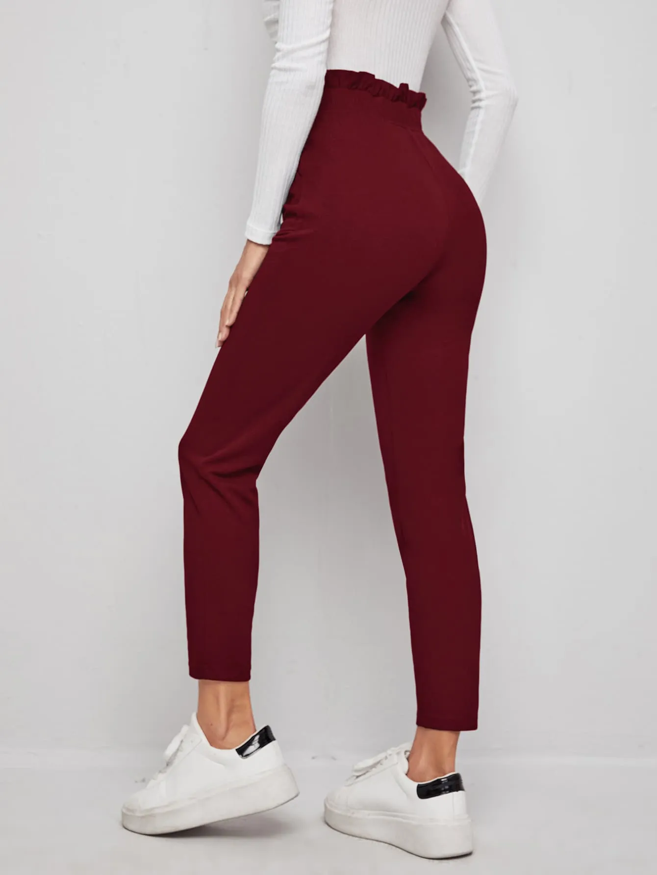 Casual Plain Paper Bag Waist High Waist Cropped Women Pants