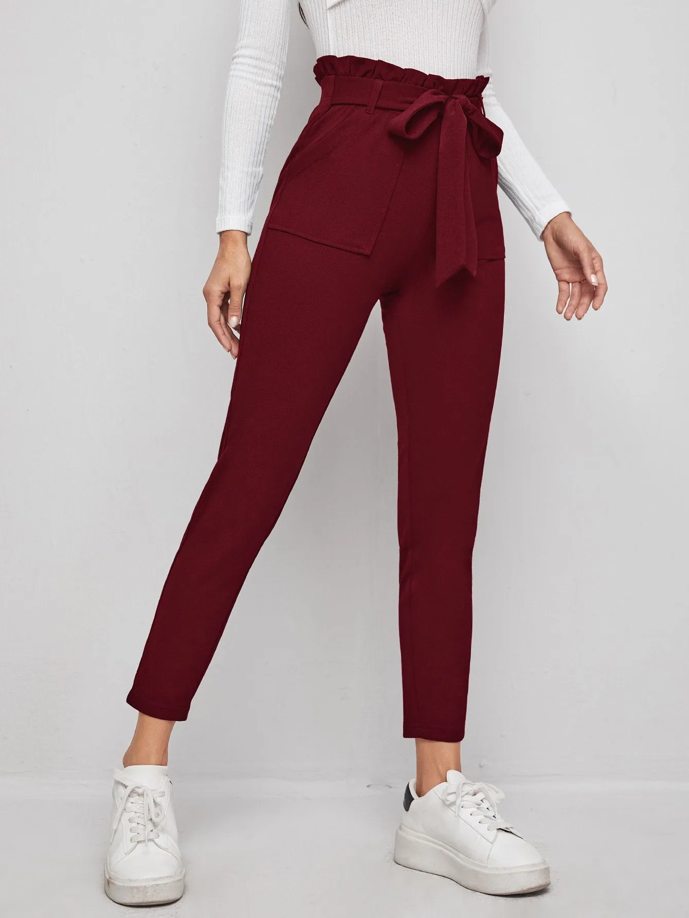 Casual Plain Paper Bag Waist High Waist Cropped Women Pants